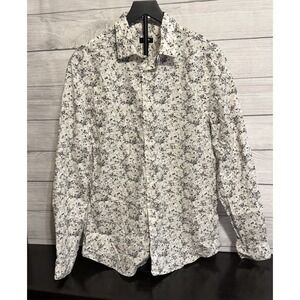 Express 1MX Men's Large Slim White Floral Button-Up Shirt Cotton Stretch